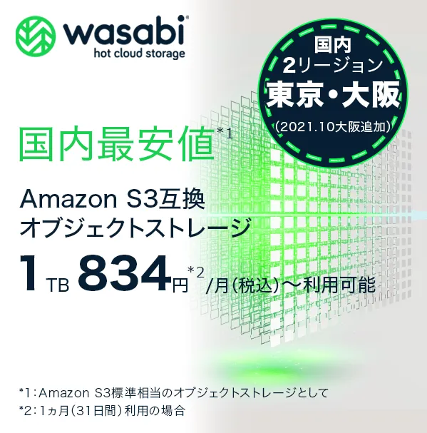 国内最安値 Amazon S3互換オブジェクトストレージ １TB　834円/月（税込）~　利用可能